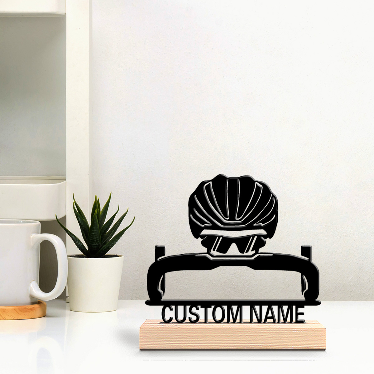 Cycling Gear Table - 1個入り クリエイティブサイクリングギア カスタムテキスト入りメタルスタチューアートフィギュア 木製台座付き 鉄製スタチュー 木製台座付き