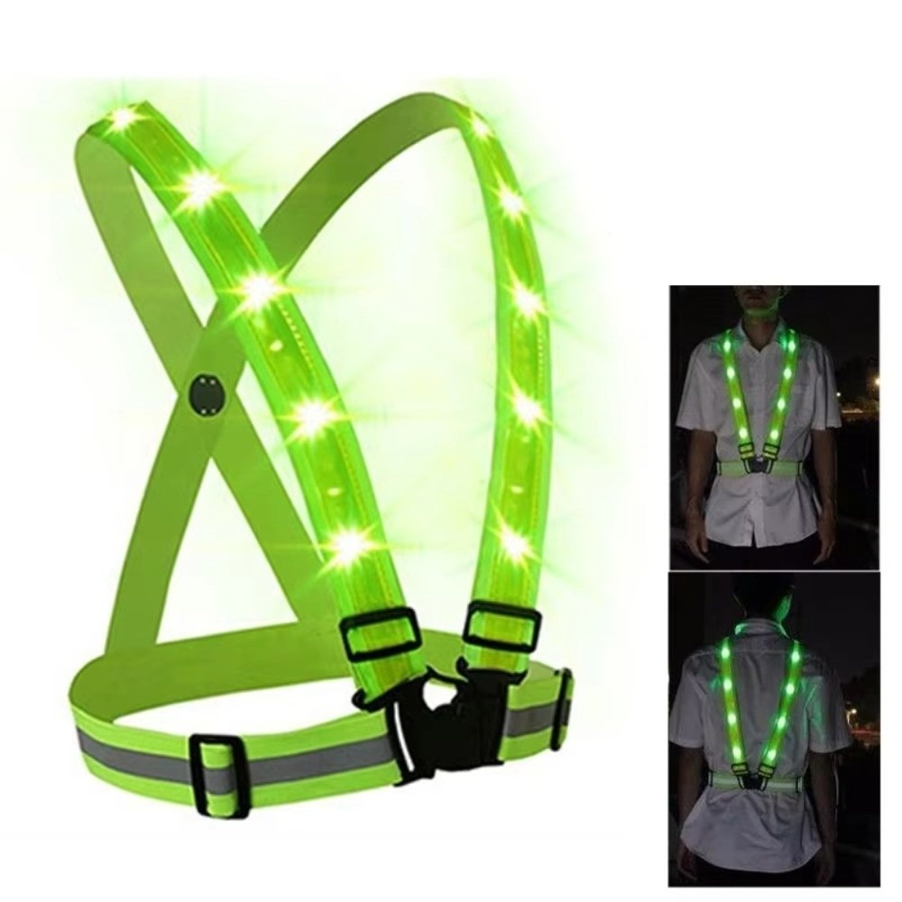 Reflective Cycling Vest - 新しいポリエステル製LED安全ベスト、グリーンライト、USB充電式、反射材付きランニングベスト、反射材付きサイクリング警告ベスト、サイクリングギア