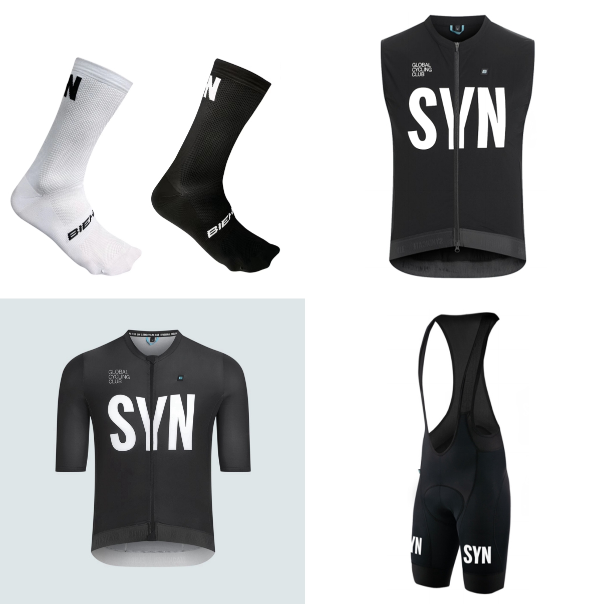 Cycling Gear Brands - 夏用半袖自転車スーツ 2026 ブラックブルー SYN 便利なサイクリングジャージとビブショーツ 4点セット